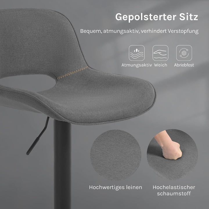 WOLTU Barhocker 2er Set, höhenverstellbar, mit Rückenlehne, Leinen, Grau | Barstuhl mit Fussstütze,