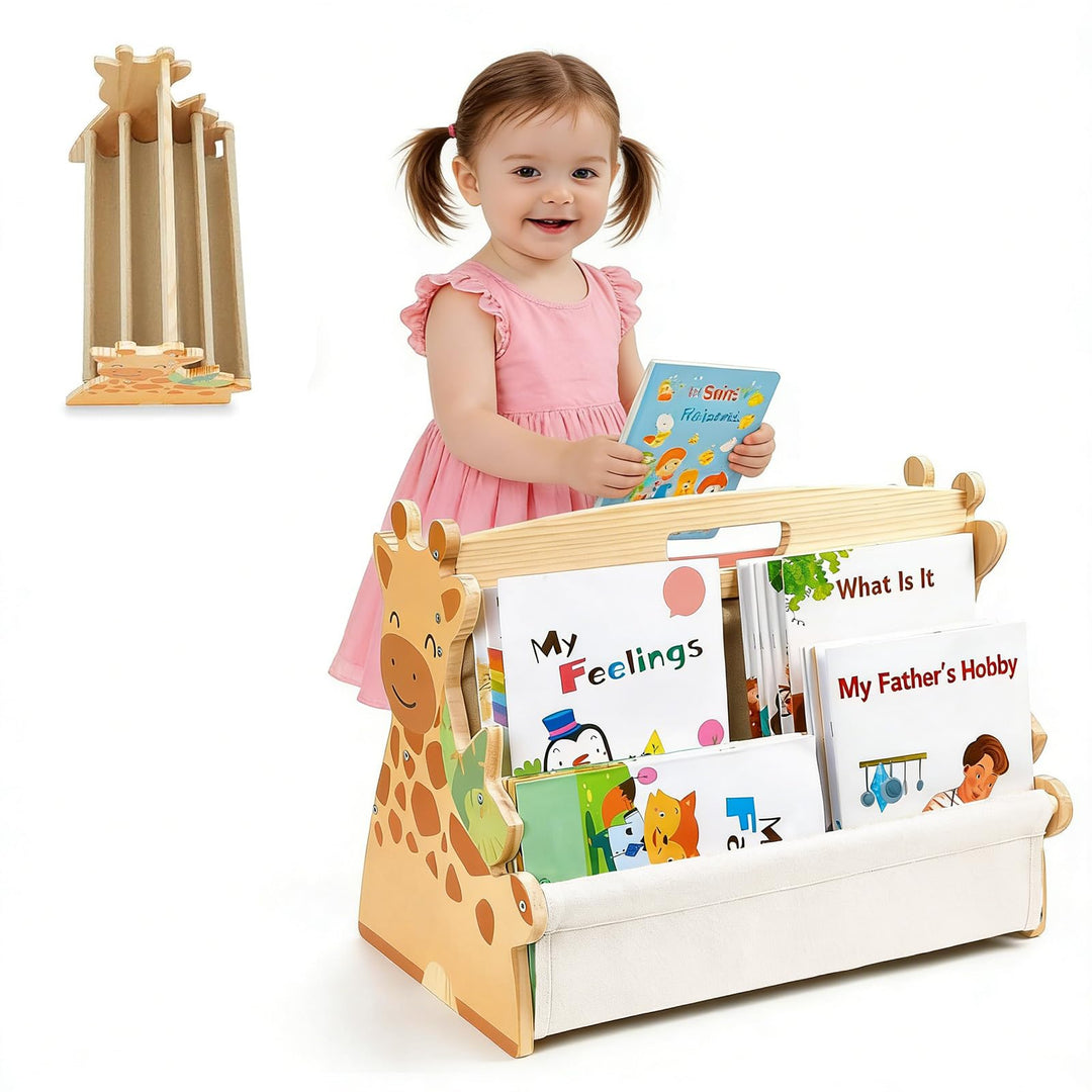 Kinder Bücherregal aus Holz, Montessori Bücherregal mit robusten Canvas-Taschen, tragbar mit Griff,