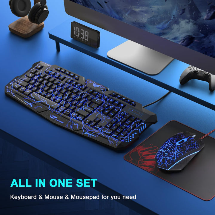 Gaming Tastatur und Maus Set, QWERTZ DE 114 Tasten Layout, LED Hintergrundbeleuchtete Kabelgebundene