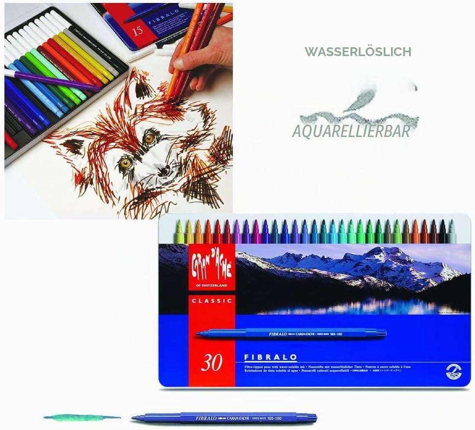 CARAN d'ACHE - FIBRALO Aquarelle Filzstifte in Metallbox - 30 Stück, 30 Stück