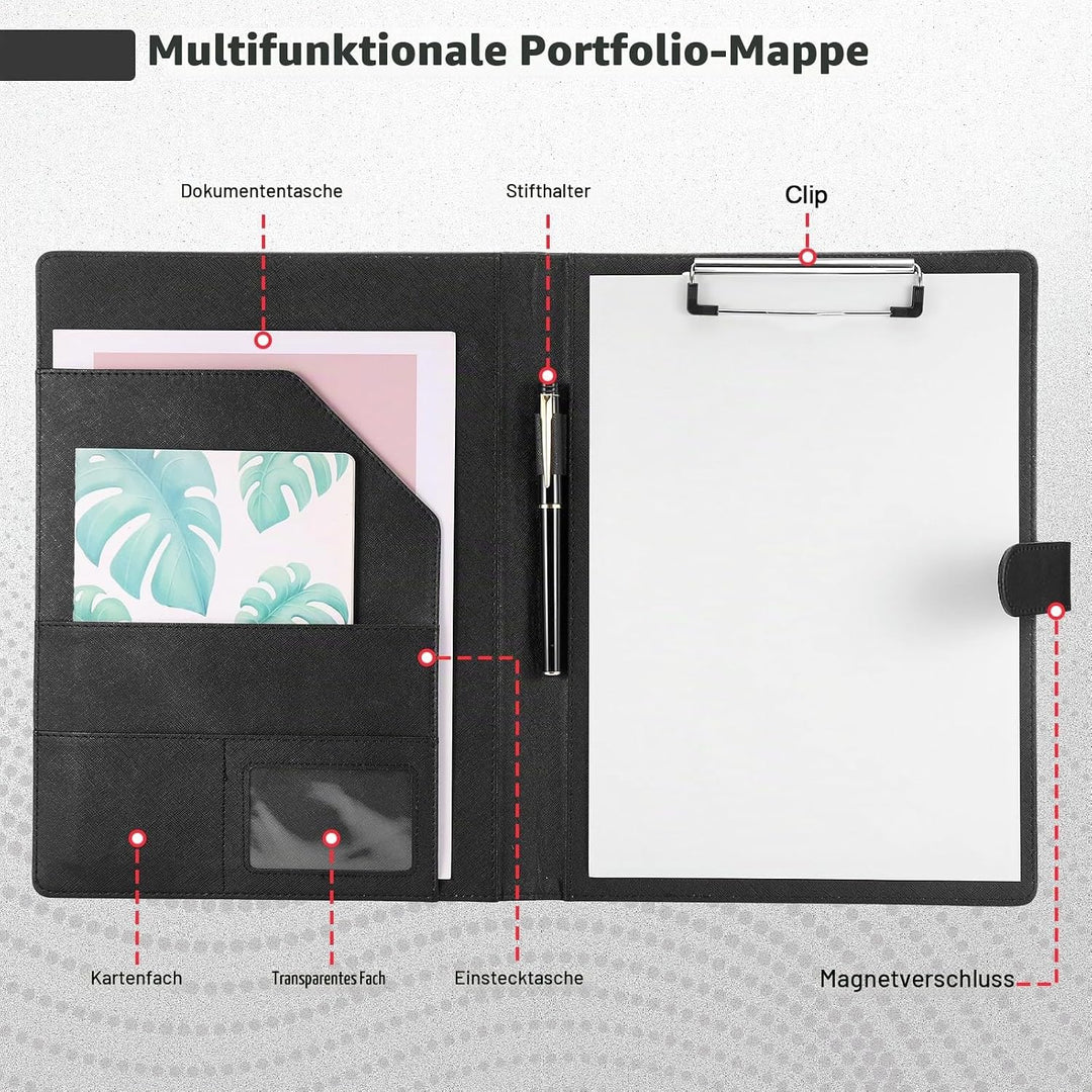 Schreibmappe A4 in Schwarz, Konferenzmappe aus PU-Leder, Klemmbrettmappe mit Dokumentenfächern, Stif