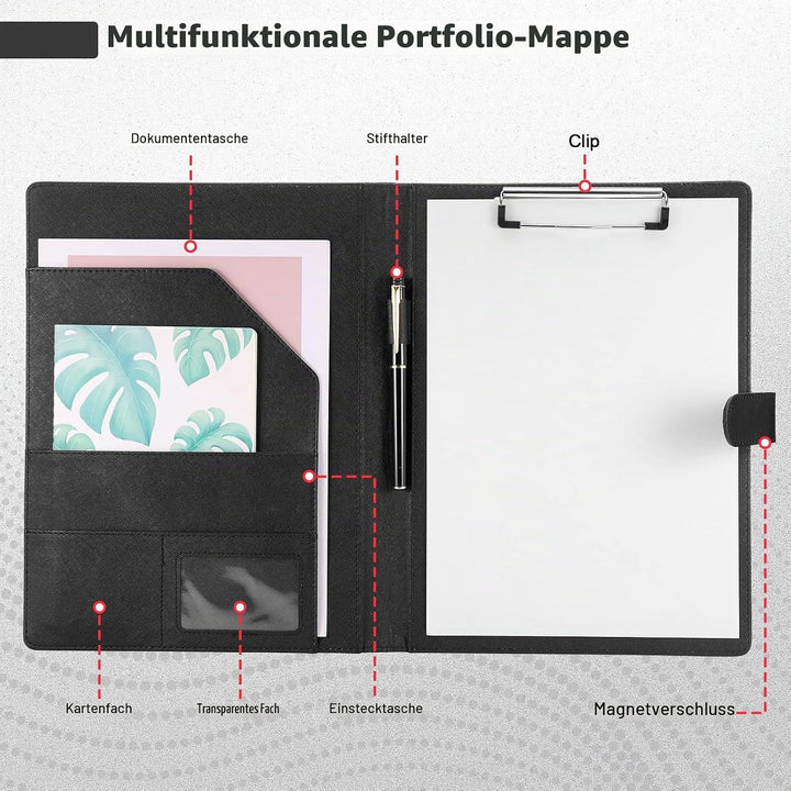 Schreibmappe A4 in Schwarz, Konferenzmappe aus PU-Leder, Klemmbrettmappe mit Dokumentenfächern, Stif