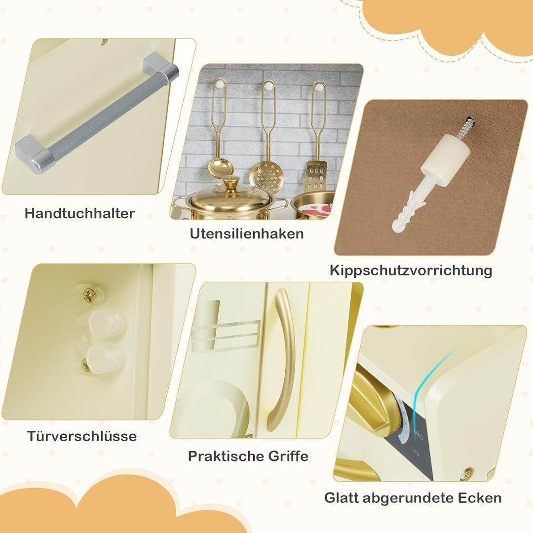 GOPLUS Kinderküche aus Holz, Kinderspielküche mit Mikrowellen, Backofen, Wasserbecken, Kreidetafel &