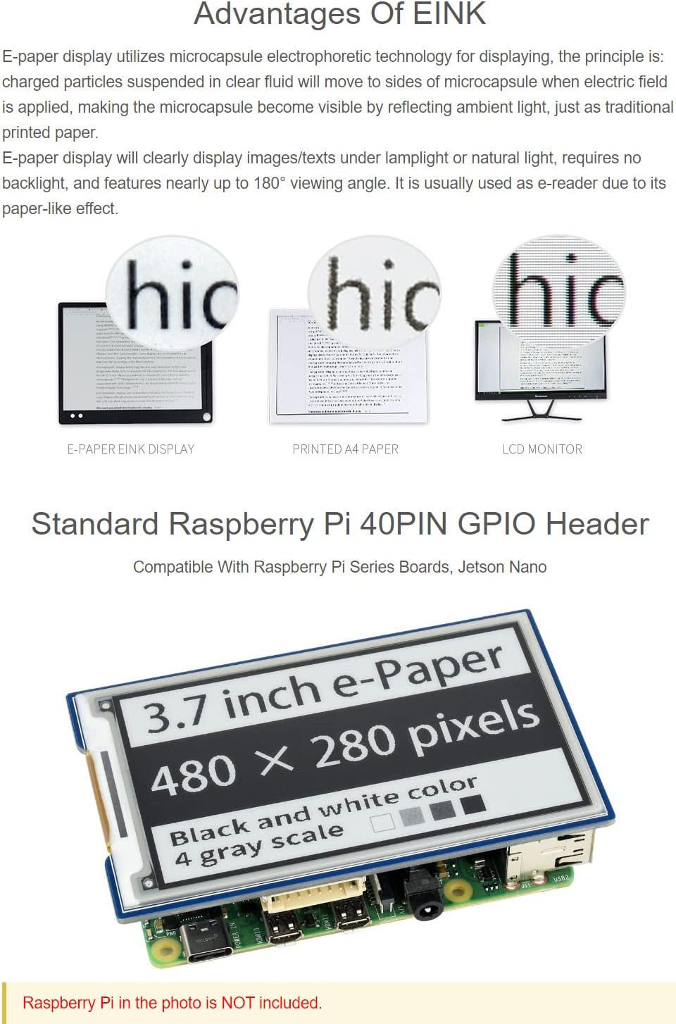 Waveshare 3.7inch E-Paper E-Ink Display HAT for Raspberry Pi with 480×280 Pixels Black/White 4 Grey