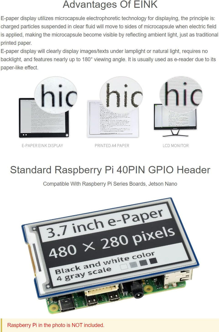 Waveshare 3.7inch E-Paper E-Ink Display HAT for Raspberry Pi with 480×280 Pixels Black/White 4 Grey
