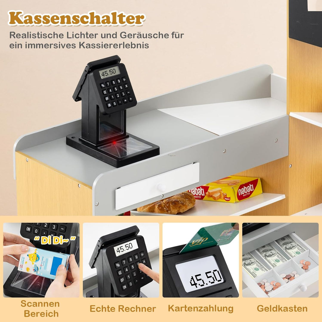 COSTWAY Kaufmannsladen, Kaufladen Kinder mit Einkaufswagen, Supermarkt Holz mit Kasse & 2 Tafeln, Ei