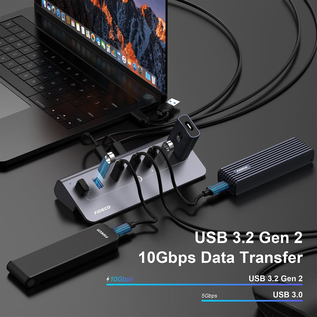 FIDECO USB Hub mit Netzteil, 7 Port USB 3.2 Gen 2, 10Gbit/s Schneller Datenhub, Vollaluminium-Verlän