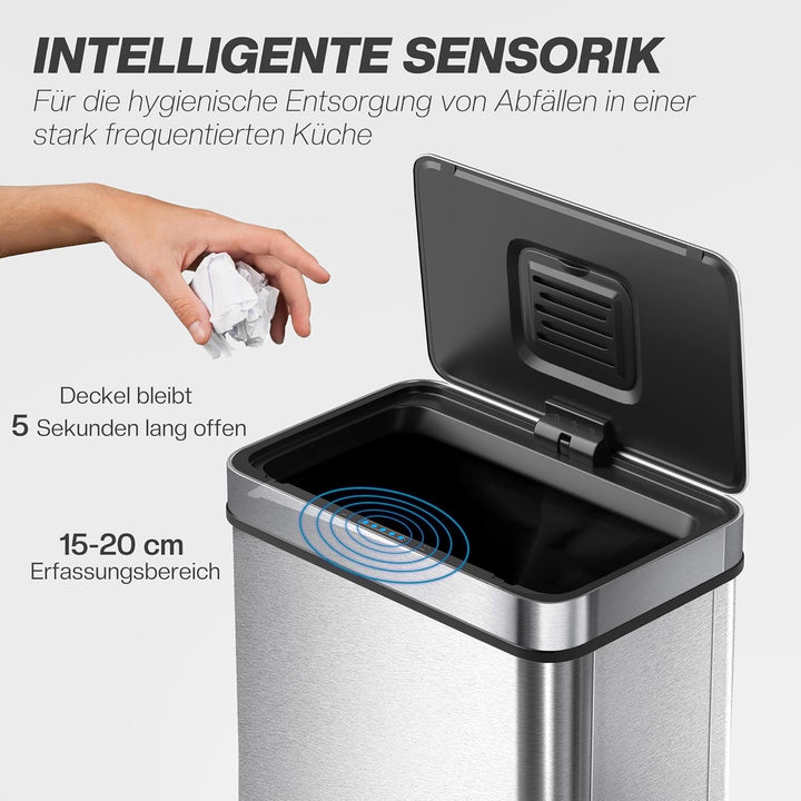 HOMCOM Mülleimer mit Sensor 60L Edelstahl Leiser Automatischer Abfalleimer mit Soft-Close-Deckel, Fi
