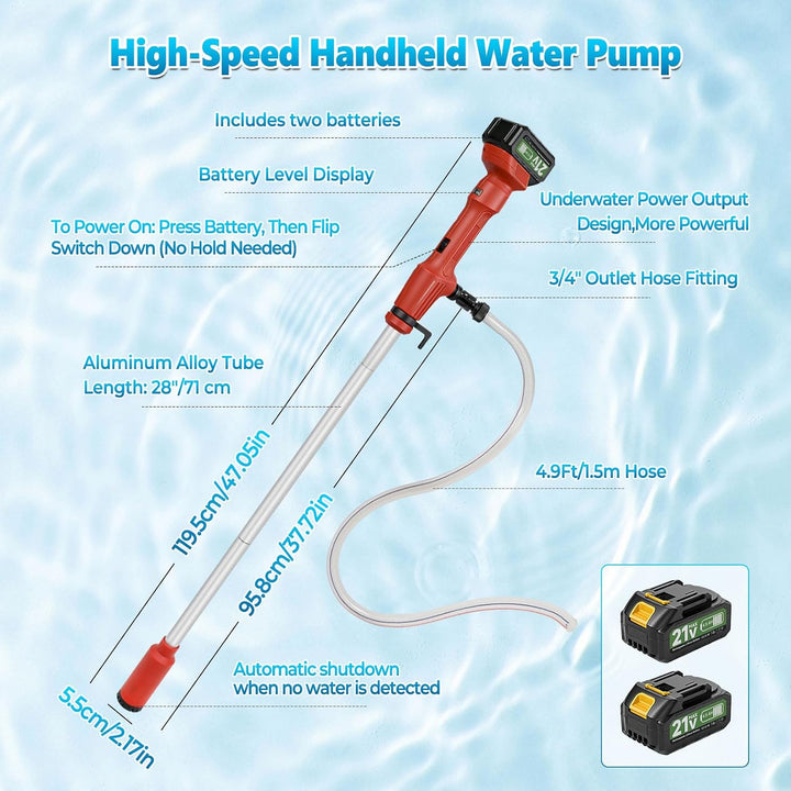Akku-Regenfasspumpe, Kabellose Stangen Wasserpumpe mit 2 x 4,5 Ah Akku, 11000 U/min, 2725 L/H Förder