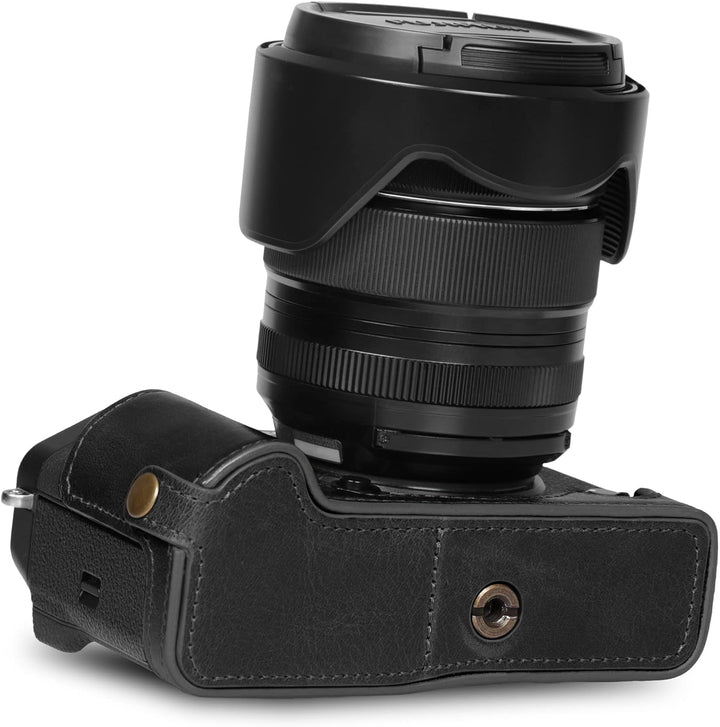 MegaGear Ever Ready Echtleder Halbkameratasche kompatibel mit Fujifilm X-T5 (Schwarz), Schwarz