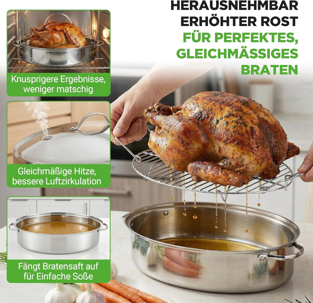 Nutrichef Bräter, Bräter Gusseisen, 50 cm- Bräter mit Deckel Backofengeeignet, Bräter Induktion, Sch