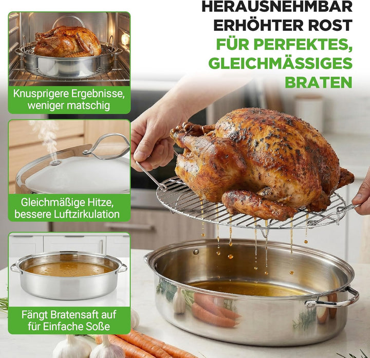 Nutrichef Bräter, Bräter Gusseisen, 50 cm- Bräter mit Deckel Backofengeeignet, Bräter Induktion, Sch