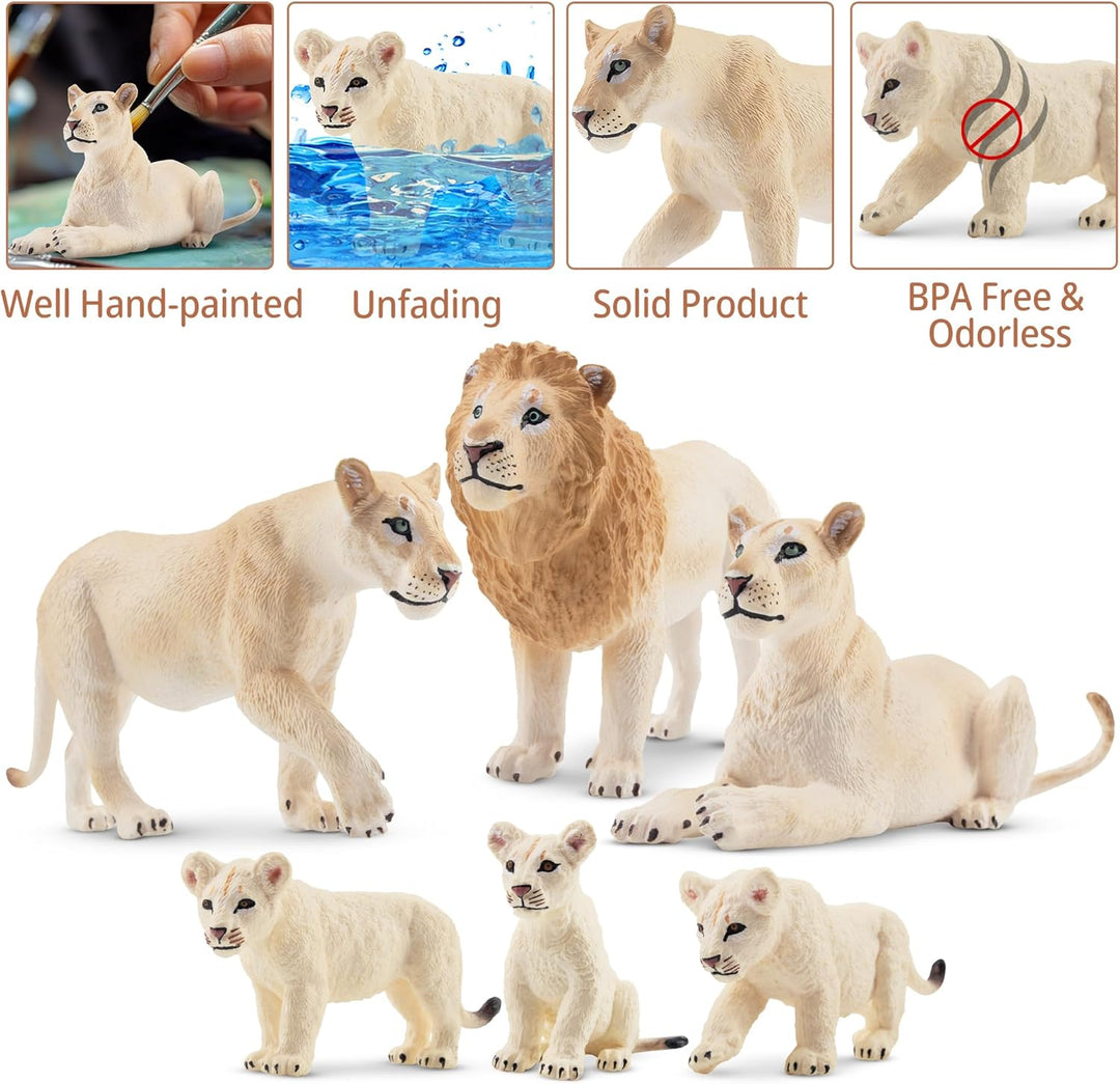 TOYMANY 6 Stück Weisser Löwe Tiere-Figuren mit Löwenbabys,Löwen Spielzeug Plastiktiere Zoo Wald Tier