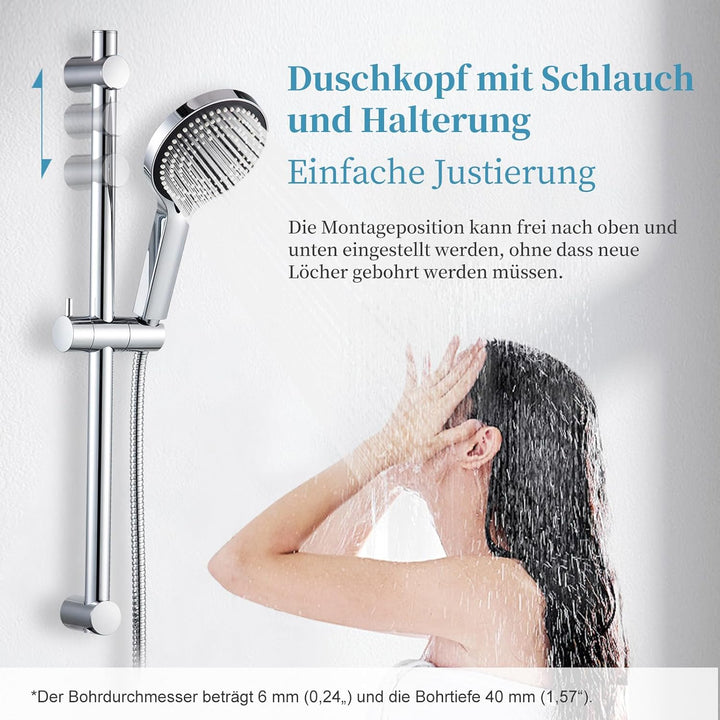 OFFO Brausestange Duschkopf mit 6 Strahlarte, 1,6 m Edelstahl Duschschlauch, verstellbarem 60cm Stei