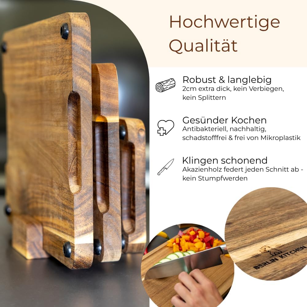 Cut’n Cook Moments Schneidebrett 3er Set | Akazienholz | GRATIS Pflegeöl & Brettständer | Saftrille