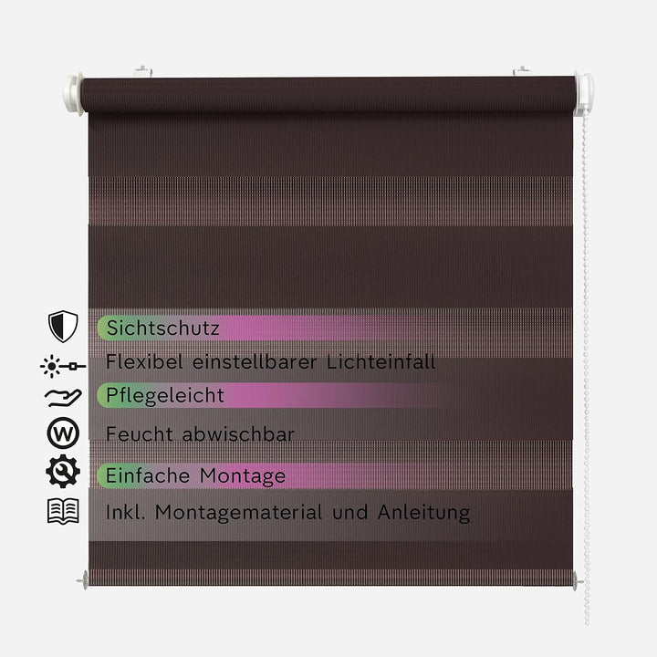 Rikmani Doppelrollo Fensterrollo ARD Duo-Rollo Klemmfixierung Zebrarollo Seitenzugrollo ohne Bohren,