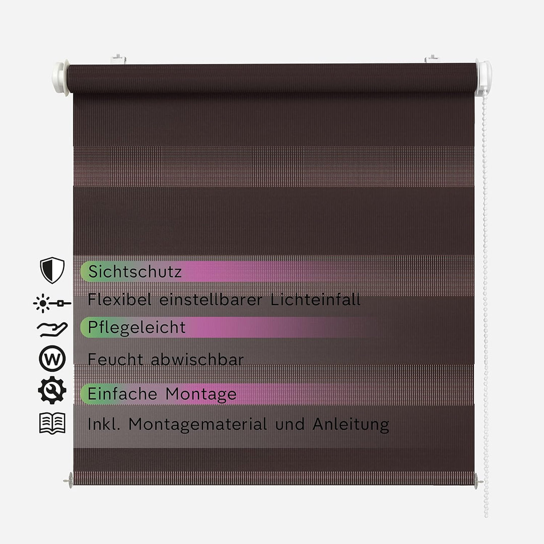 Rikmani Doppelrollo Fensterrollo ARD Duo-Rollo Klemmfixierung Zebrarollo Seitenzugrollo ohne Bohren,