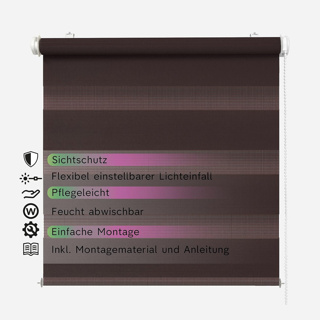 Rikmani Doppelrollo Fensterrollo ARD Duo-Rollo Klemmfixierung Zebrarollo Seitenzugrollo ohne Bohren,