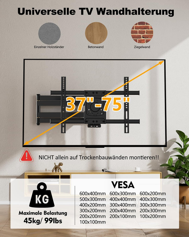 TV Wandhalterung mit 1016mm Extra Langem Gelenkarm, Fernsehhalterung Wand Schwenkbar 3 Klappbare Arm