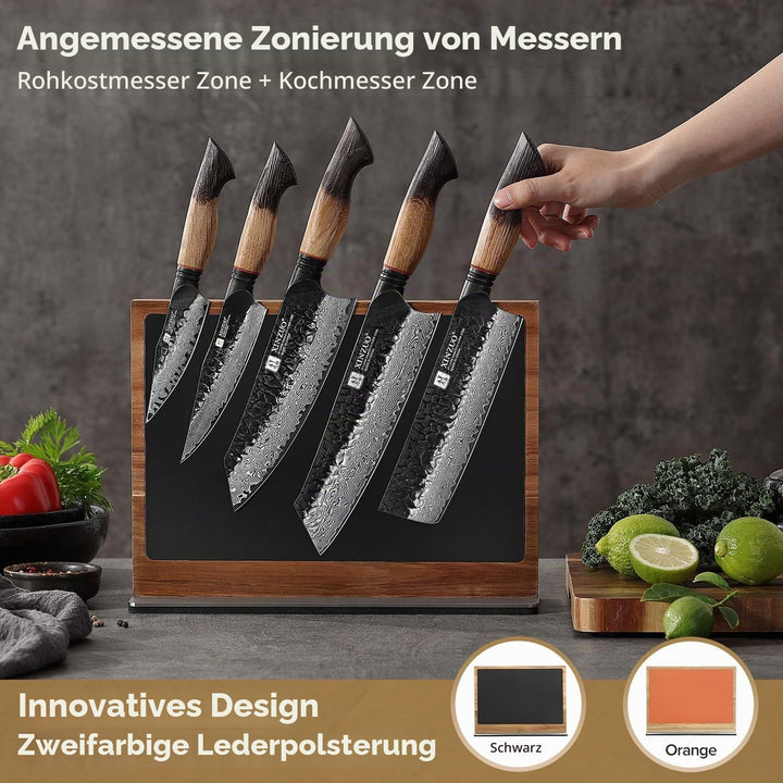 XINZUO Magnetisch Messerhalter Akazienholz, Zweifarbige Lederoberfläche, Doppelseitig erhältlich, Oh