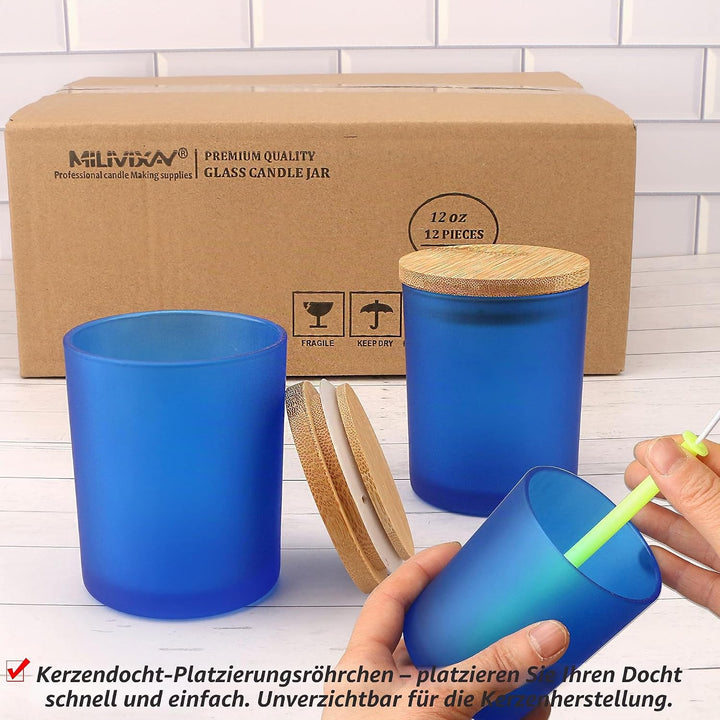 MILIVIXAY 12 Stück 340 ml Milchglas-Kerzengläser mit Deckel und Kerzenherstellungs-Sets – leere Kerz