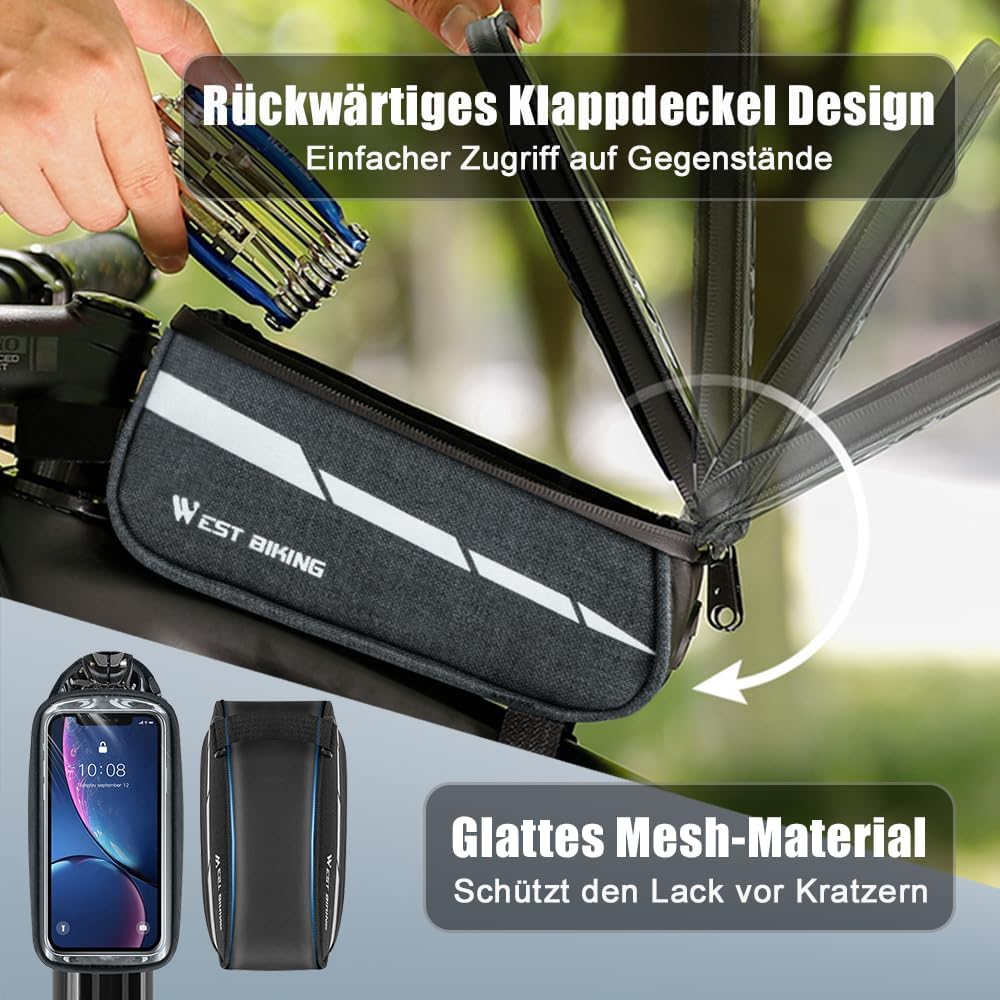 Fahrrad Rahmentasche Lenkertasche mit Handytasche, 1L Oberrohrtasche mit Touchscreen für Smartphone