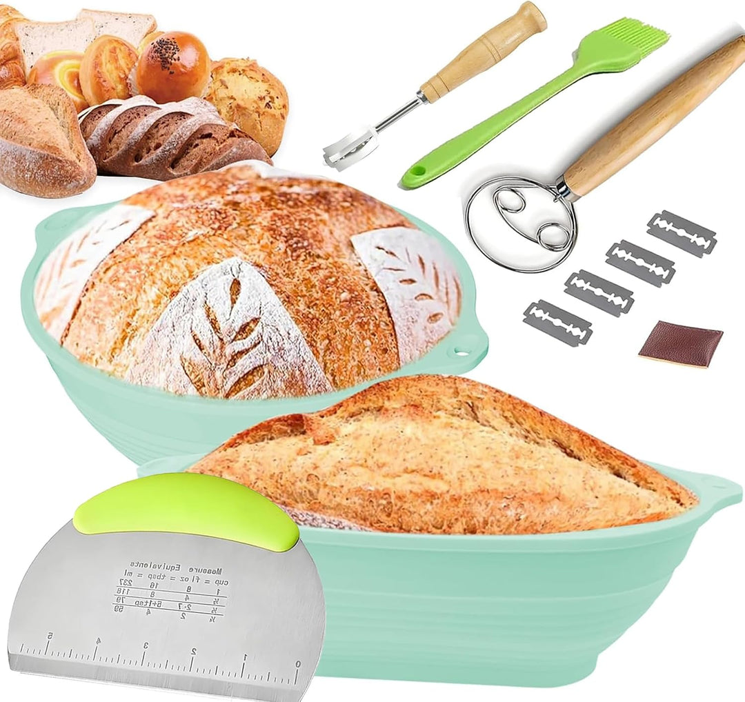 Silikon Gärkörbchen für Brot, 28 cm Gärkorb Oval und 25 cm Gärkorb Brot Rund, Faltbarer, Verbesserte