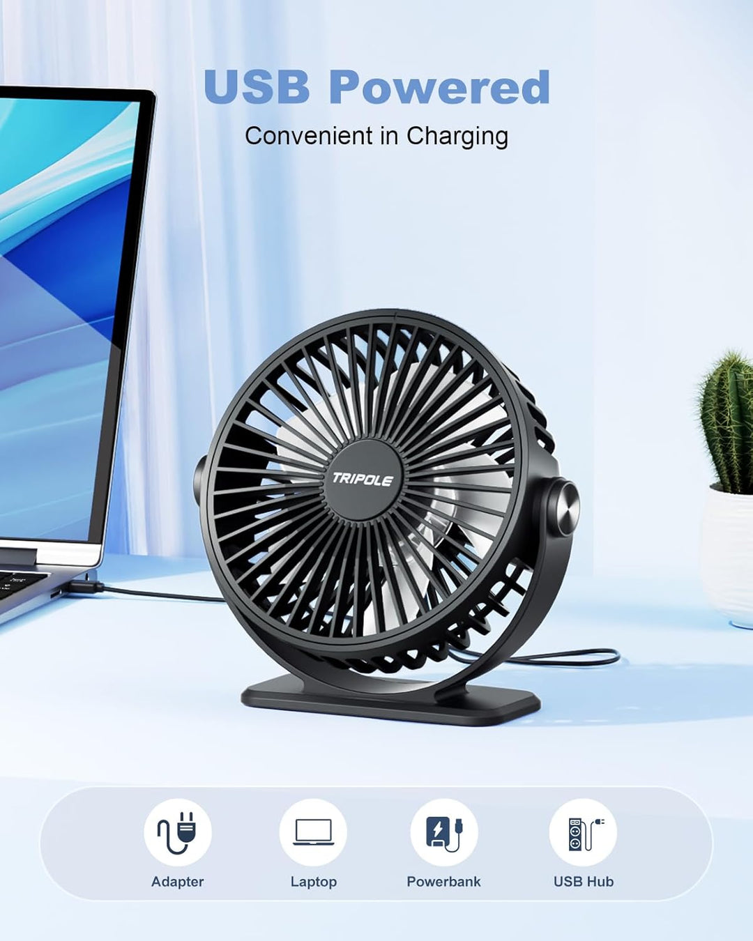 TriPole Ventilator Leiser, Mini Ventilator mit 3 Geschwindigkeiten, USB Tischventilator Leistungssta