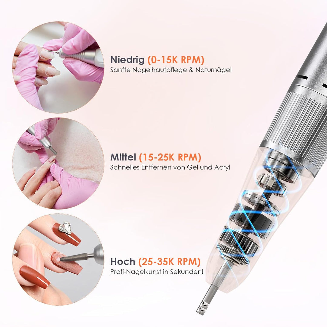 Delanie Elektrischer Nagelfräser für Gelnägel 35000 U/Min, Wiederaufladbar Nagel Fräser für Nägel mi