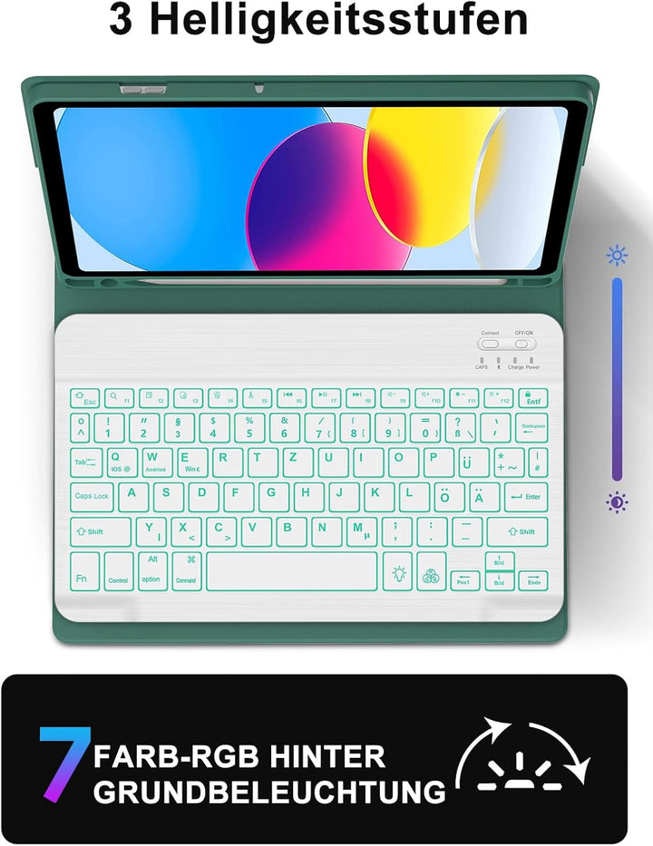 JADEMALL Für iPad Hülle mit DE Tastatur für 11./10. Gen (2025/2022) – 7-Farben Beleuchtete Bluetooth