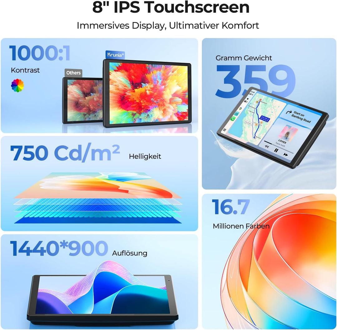 8'' Tragbares Carplay Display für Apple CarPlay & Android Auto, 1440x900 HD Display, Magnetische Hal