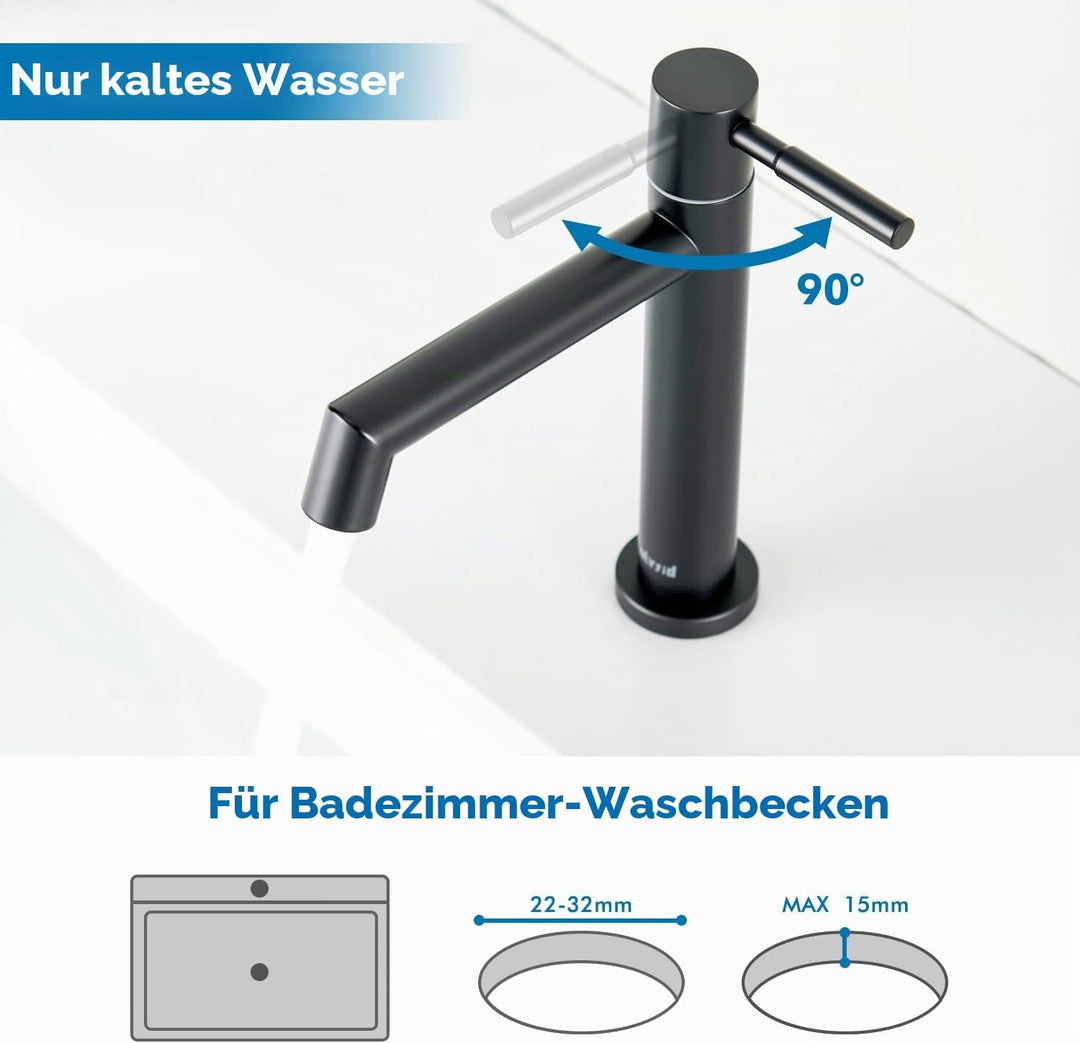 Ulytid Kaltwasserhahn Schwarz, Wasserhahn Bad Edelstahl Einhebel Waschtischarmatur mit Abnehmbarer S
