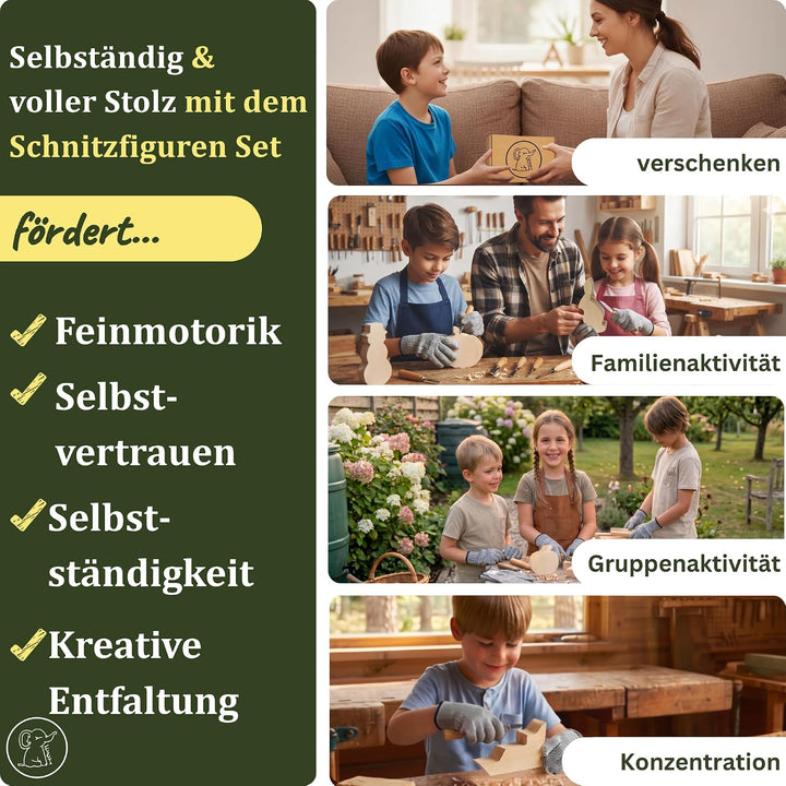 Eli® Lindenholz - Schnitzfiguren zum Schnitzen inkl. Schnitzanleitung für Kinder - Bastelset - Schni