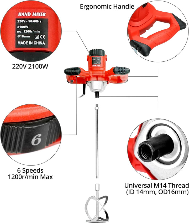 QWORK Mörtelrührer Rührwerk - 220V 2100W 1200r/min 6 Gang - M14 Gewinde - für Farbe, Putz & Estrich
