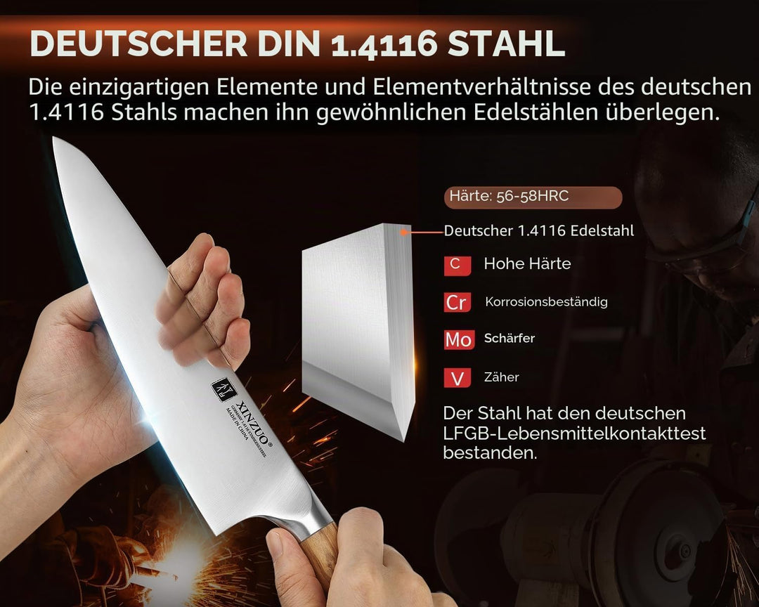 XINZUO Edelstahl 21cm Kochmesser -Profi Geschmiedet Scharf Chefmesser Deutschem 1.4116 Edelstahl Küc