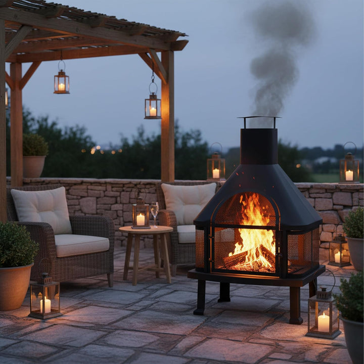 Relaxdays, schwarz Terrassenofen mit Grill, Feuerstelle mit Funkenschutz, Schürhaken, massiv, Stahl,