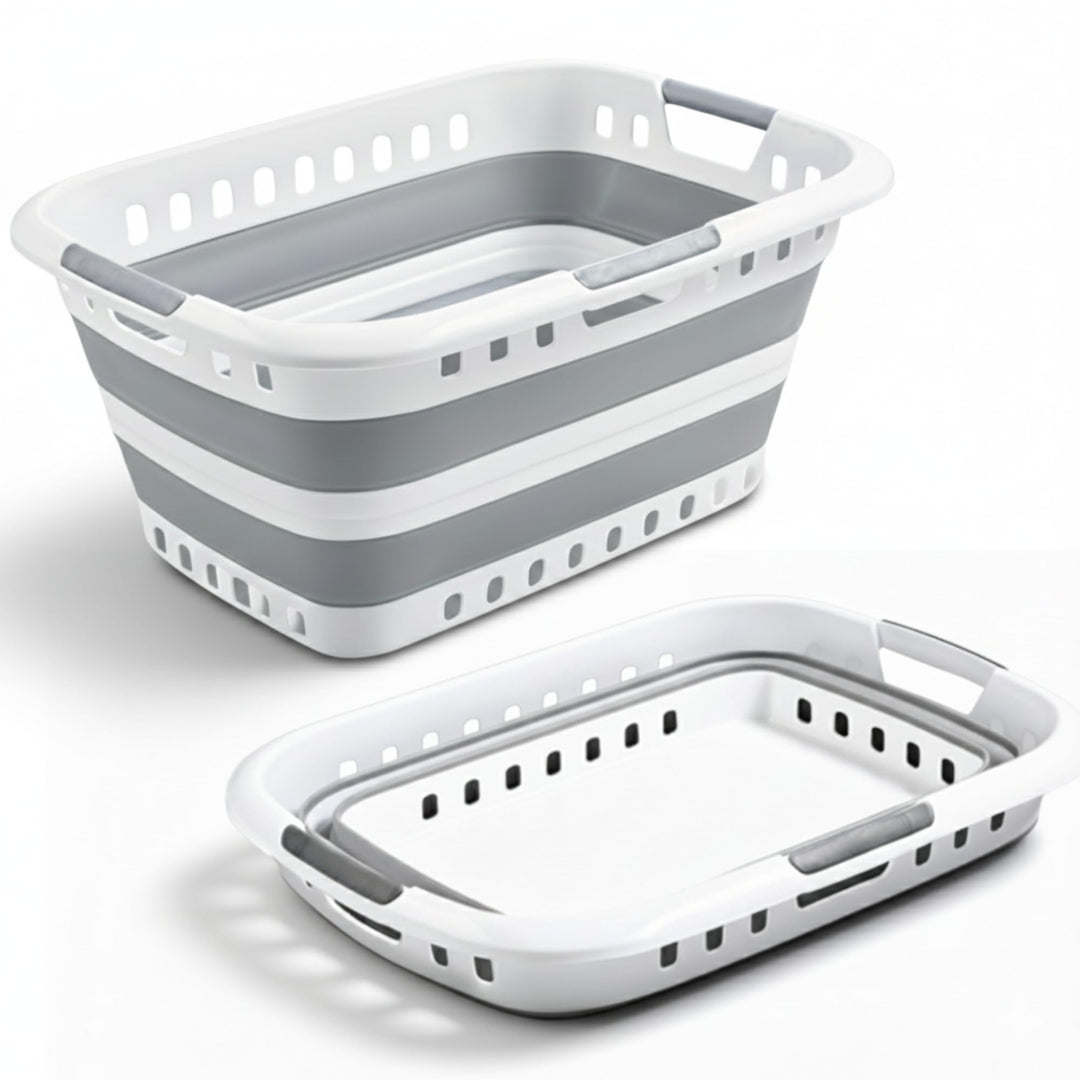 Suleno® Faltkorb 45L – Faltbarer Wäschekorb grau weiss 3 Griffe – Einkaufskorb Camping Picknick – St