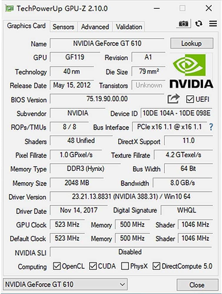 SAPLOS Geforce GT 610 Grafikkarte, 2GB DDR3 64-bit, VGA HDMI, Low Profile grafikkarte, PCI Express x