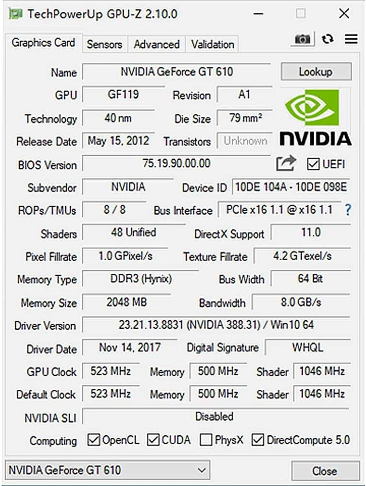 SAPLOS Geforce GT 610 Grafikkarte, 2GB DDR3 64-bit, VGA HDMI, Low Profile grafikkarte, PCI Express x