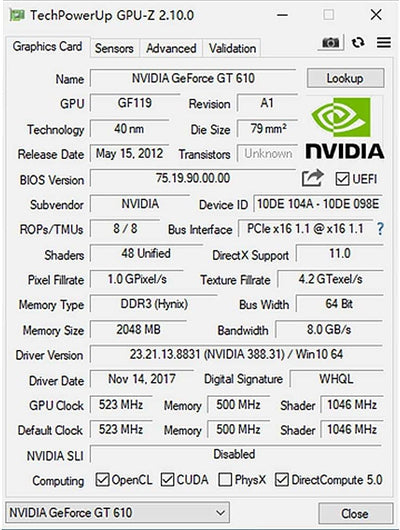 SAPLOS Geforce GT 610 Grafikkarte, 2GB DDR3 64-bit, VGA HDMI, Low Profile grafikkarte, PCI Express x