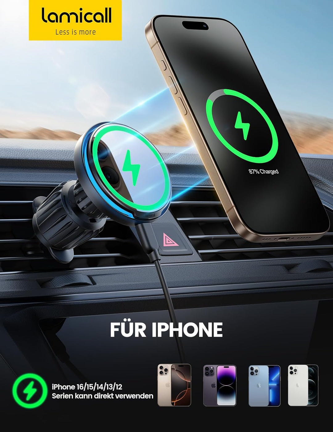 Lamicall 15W Handyhalterung Auto für Magsafe Autohalterung mit Ladefunktion - [Schnell & Sicher] Kfz