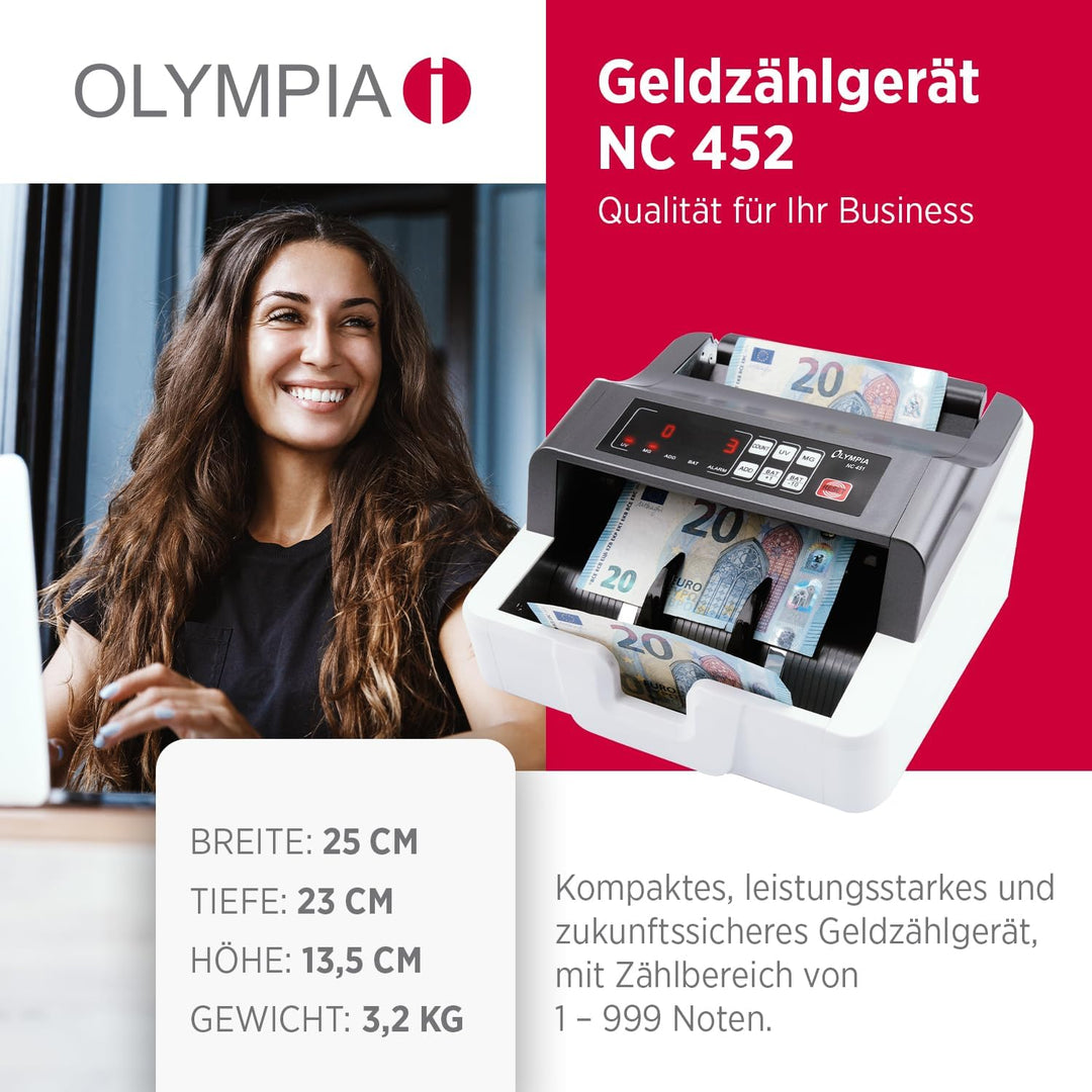 Olympia NC 452 Akku Geldzählmaschine & Geldscheinprüfer Stückzähler (für Scheine, Echtheitsprüfung,