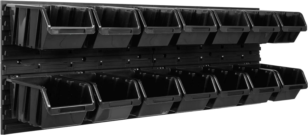 Lagersystem Werkstattregal | 115 x 39 cm | 14 stck. Box | Wandregal mit Stapelboxen - Wandplatten Ex