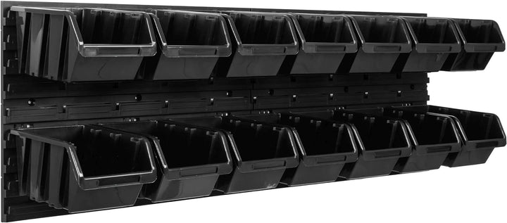 Lagersystem Werkstattregal | 115 x 39 cm | 14 stck. Box | Wandregal mit Stapelboxen - Wandplatten Ex