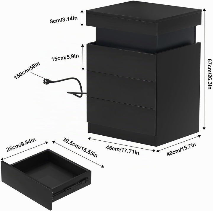 PIPIPOXER Nachttisch mit LED Licht und Steckdose, Beistelltisch in Schwarz aus Hochglanz Brett mit S