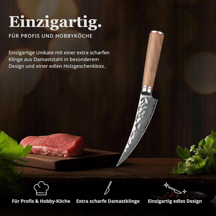 Wakoli Nussbaum Damast Ausbeinmesser Scimitar I Damast Küchemesser mit 16 cm Klinge gefertigt aus Da
