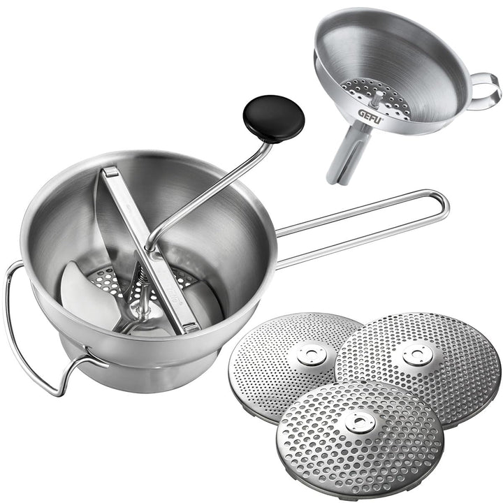 Küchenhelfer Set: GEFU Passiergerät Flotte Lotte® & GEFU Einfülltrichter VERSARE - manuelle Edelstah
