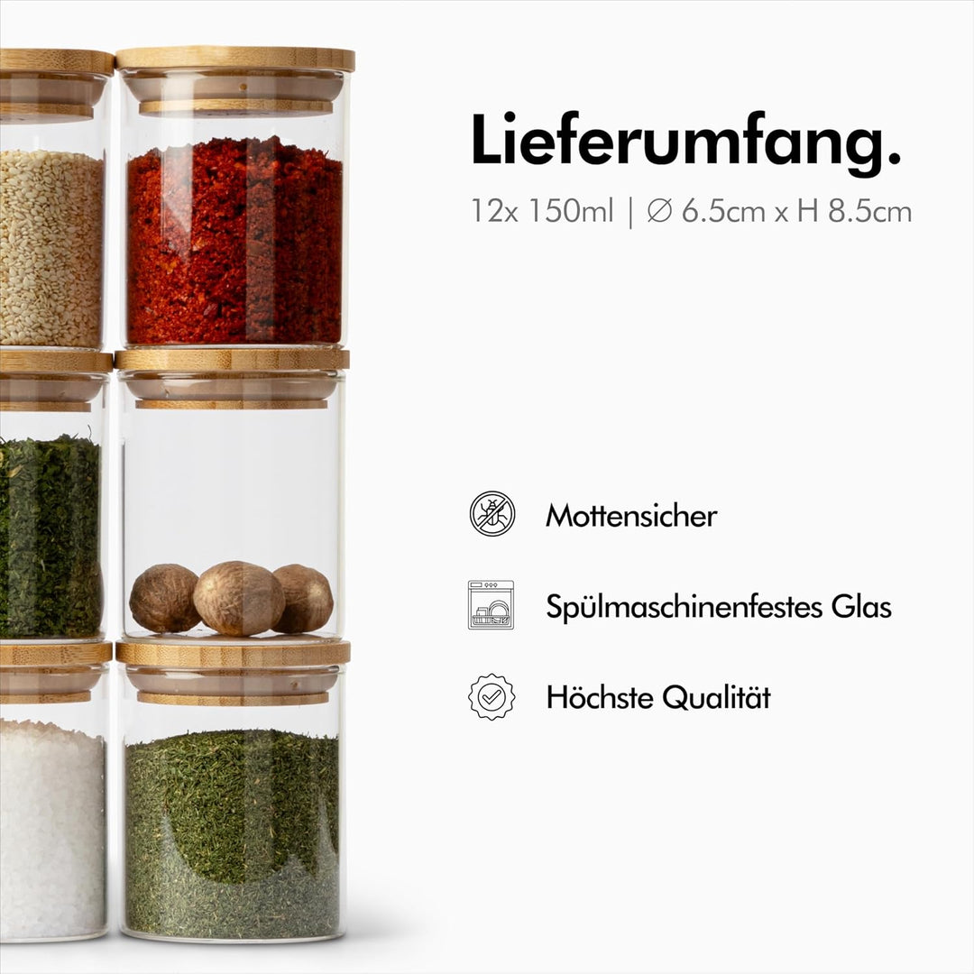 KIVY Gewürzgläser mit Holzdeckel - 12 x 150ml - Luftdichte und stapelbare Gewürzbehälter Glas - Gewü