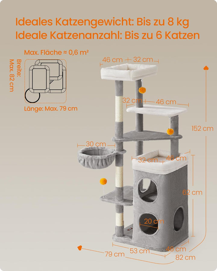 Feandrea Kratzbaum, 152 cm hoch, mehrstöckiger Katzenbaum mit 2 grossen Höhlen, 1 Liegemulde, 3 Krat