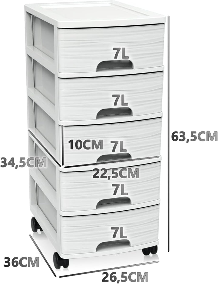 Schubladenschrank mit Rollen Rollcontainer mit 5 Schubladen Rollschrank aus Kunststoff Rollwagen (We